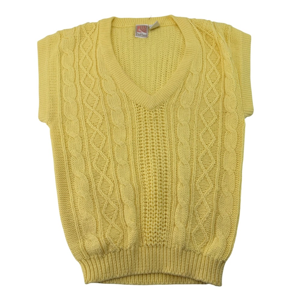 Vintage Paul Harris Yellow Cable Knit Sweater Vest Womens Medium V-Neck Retro